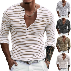 Men's striped long sleeve Henley shirt with button placket in various color options