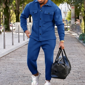 Men's royal blue faux suede button jacket and matching jogger pants two-piece set