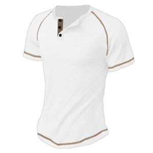 Detail of white men's Henley shirt with brown contrast stitching and three-button placket