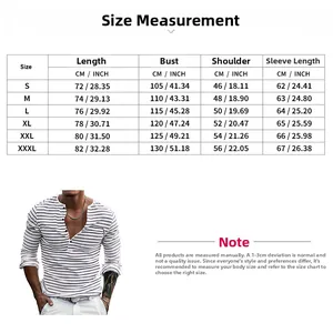 Men's striped Henley shirt size chart with CM and INCH measurements for S to XXXL