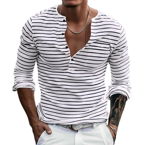 Close-up of the Henley neck collar and buttons on the men's long sleeve striped t-shirt