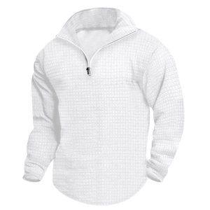 White waffle knit quarter-zip long sleeve sweatshirt featuring a stand collar