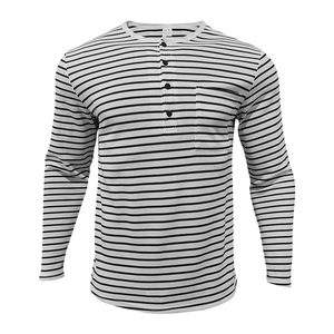 Detailed view of striped Henley shirt collar with three buttons and a chest pocket