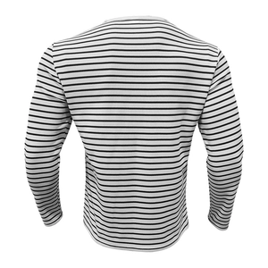 Rear view of striped long sleeve Henley shirt with classic black and white pattern