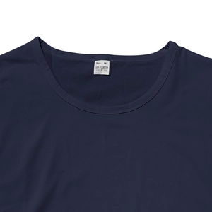 Close-up of dark blue polyester tank top neckline with size M care label details