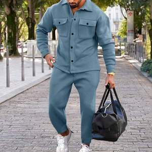 Men's suede casual two-piece button jacket and pants set in foggy blue color