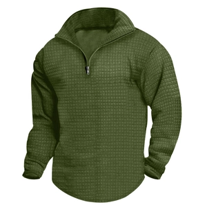 Army green waffle knit long sleeve pullover with half-zip collar for men