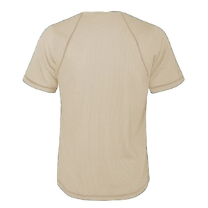 Rear view of men's beige Henley shirt featuring raglan sleeves and breathable mesh texture