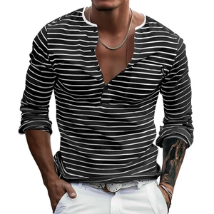 Close-up of the striped long sleeve Henley shirt featuring a buttoned V-neck design