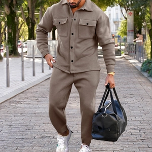 Men's two-piece taupe faux suede casual set featuring a buttoned jacket and matching joggers