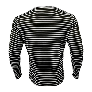 Detailed back view of a men's long sleeve T-shirt with fine black and white horizontal stripes