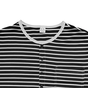 Detail of men's striped Henley shirt with buttons and chest pocket, 95% polyester fabric