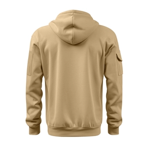 Rear view of khaki cargo hoodie featuring utility flap pockets on sleeves and ribbed trims
