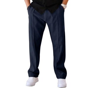 Detail view of navy blue straight trousers with drawstring waist and sharp front creases