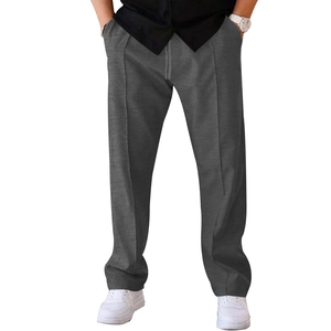 Detail view of men's grey casual straight-leg trousers with cotton blend fabric texture
