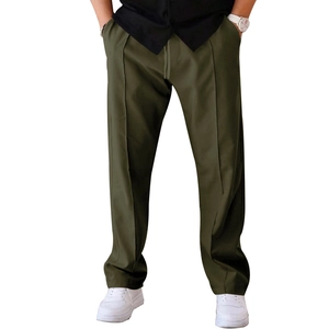 Detail of dark olive green straight trousers with adjustable drawstring and front crease