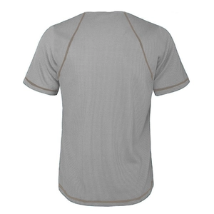 Close-up of gray Henley shirt with brown contrast stitching and breathable mesh texture