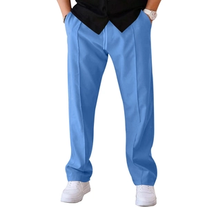 Detail view of men's casual light blue trousers with drawstring waist and pressed crease line