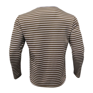 Close-up of brown and white striped long sleeve Henley shirt with ribbed texture