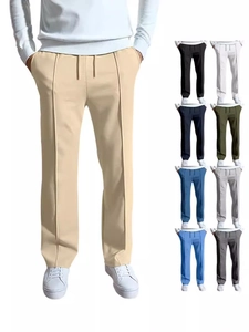 Men Fashion Casual Straight Leg Pants Cotton Blend Drawstring High Waist Trousers Solid Color Pressed Line Daily Wear