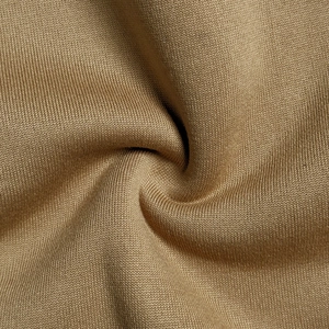 Close-up of khaki high-density knit fabric showing texture on a men's casual hoodie