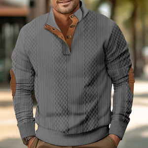 Grey men's half-zip knit sweater with brown elbow patches and 3D textured patterns