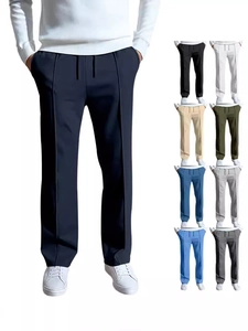 Men's casual drawstring straight trousers with crease front in nine colors including navy