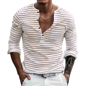Close-up of men's Henley neck striped long sleeve shirt with four dark buttons