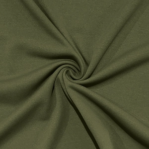 Detaillierte Makrotextur des olivgrünen Strickstoffs mit Webart und Fall auf Herrenhemd