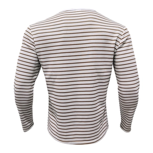 Detail view of the back of a men's long sleeve striped t-shirt with knit texture