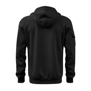 Back view of black hoodie showing utility sleeve pocket and ribbed hem detail