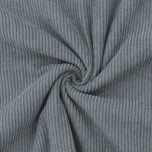 Macro shot of grey corduroy sweatshirt fabric showing detailed vertical ribbed texture