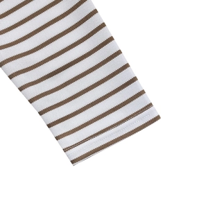 Close-up of brown and white horizontal stripes and knit texture on men's long sleeve Henley