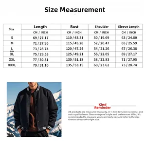 Size chart for men's fleece baseball jacket with measurements in centimeters and inches