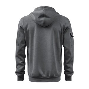 Detail of dark grey hoodie back with utility pocket on sleeve and ribbed cuffs