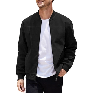 Detail view of the black faux suede bomber jacket with ribbed cuffs and metallic zipper
