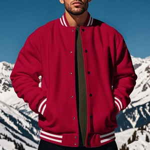 Close-up of red varsity jacket with white striped rib collar and black snap buttons