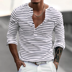 Men's casual long sleeve striped Henley shirt with three-button placket in white and black