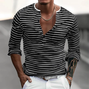 Men's slim fit long sleeve stripe Henley shirt with contrast neck and button placket
