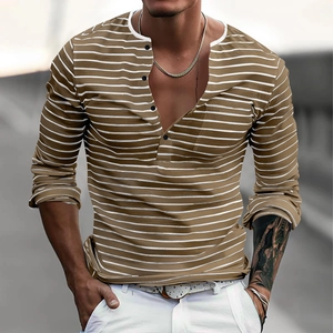 Men's casual long sleeve brown and white striped Henley shirt with buttons