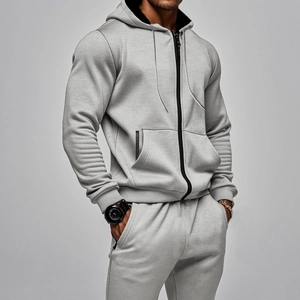 Men's grey fleece-lined hooded tracksuit with waterproof zipper and ribbed cuffs details