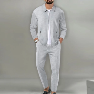 Men's slim fit light grey waffle texture zip cardigan jacket and matching trousers set