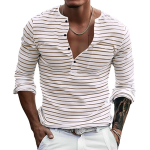 Men's casual long sleeve Henley t-shirt with brown horizontal stripes on white fabric