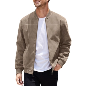 Close-up of men's faux suede bomber jacket with ribbed collar and zipper detail