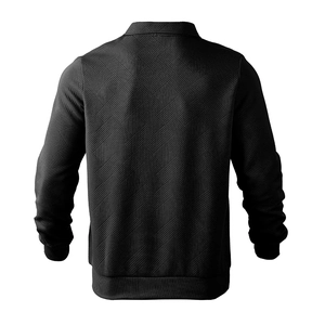 Detail view of the back of black polo sweatshirt with geometric quilted texture