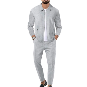 Detailed full body view of light grey waffle knit zipper jacket and matching pants set