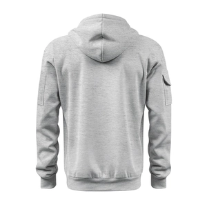 Detail of light gray hoodie back showing tactical sleeve pocket and ribbed cuffs