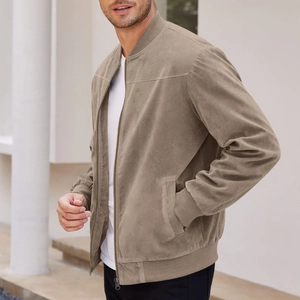 Detail of khaki faux suede bomber jacket showing ribbed cuffs and zipper texture
