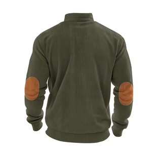 Detailansicht der olivgrünen Cord-Sweatshirt-Rückseite mit braunen ovalen Ellbogen-Patches