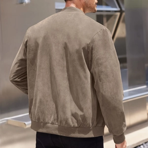 Rear view of khaki faux suede bomber jacket featuring ribbed collar and hem detail